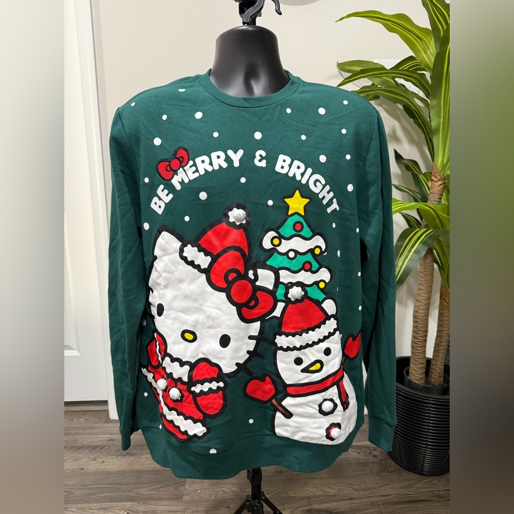 New Unisex Hello Kitty Christmas Pom Fleece crewneck pullover sweatshirt L /  XL